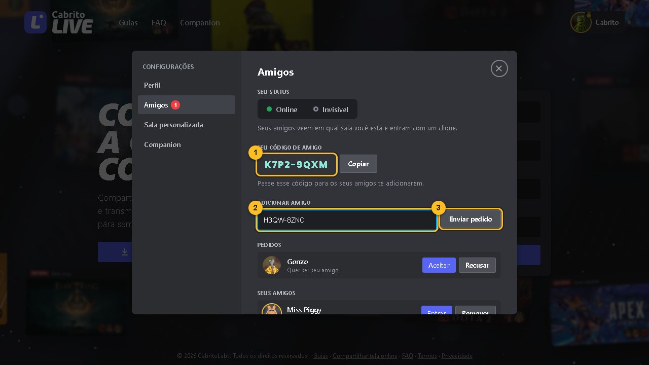 Aba Amigos no site com o seu código de amigo e o campo para adicionar um amigo