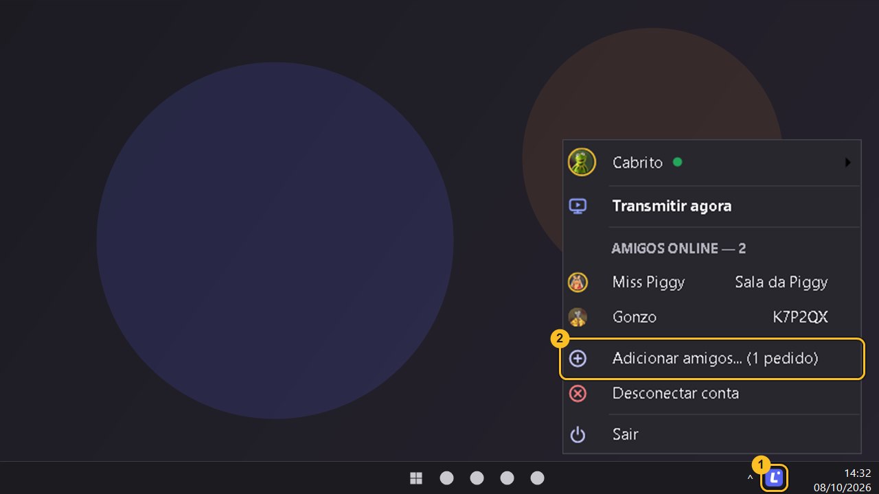 Menu do Companion com o ícone da bandeja e Adicionar amigos numerados
