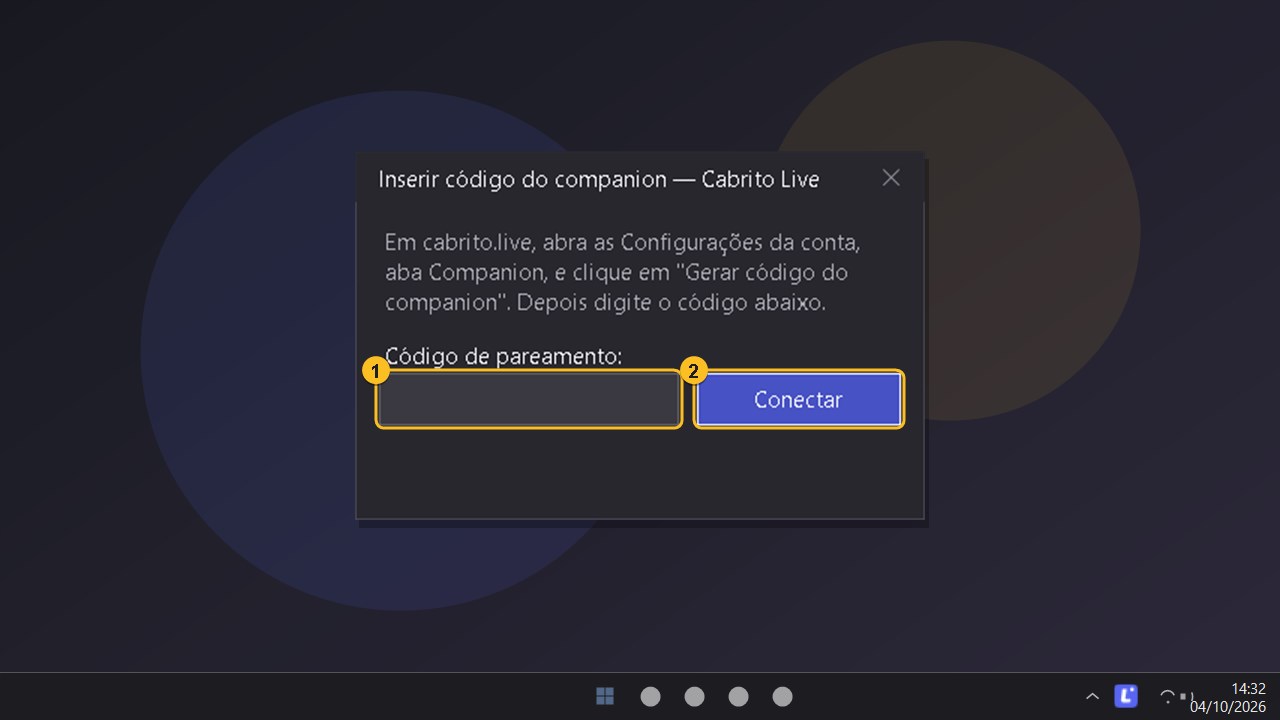 Janela Inserir código do companion com o campo do código e o botão Conectar