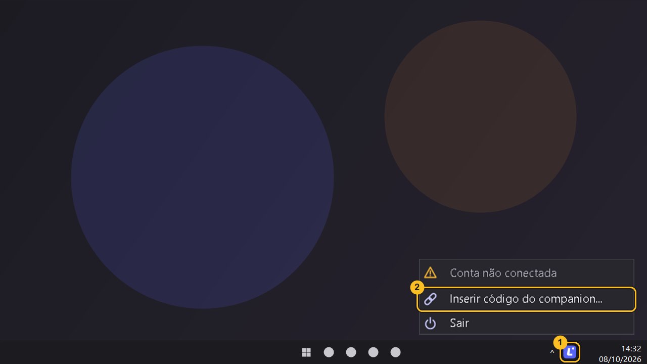 Bandeja do Windows e menu do Companion sem conta conectada, com o ícone e Inserir código numerados