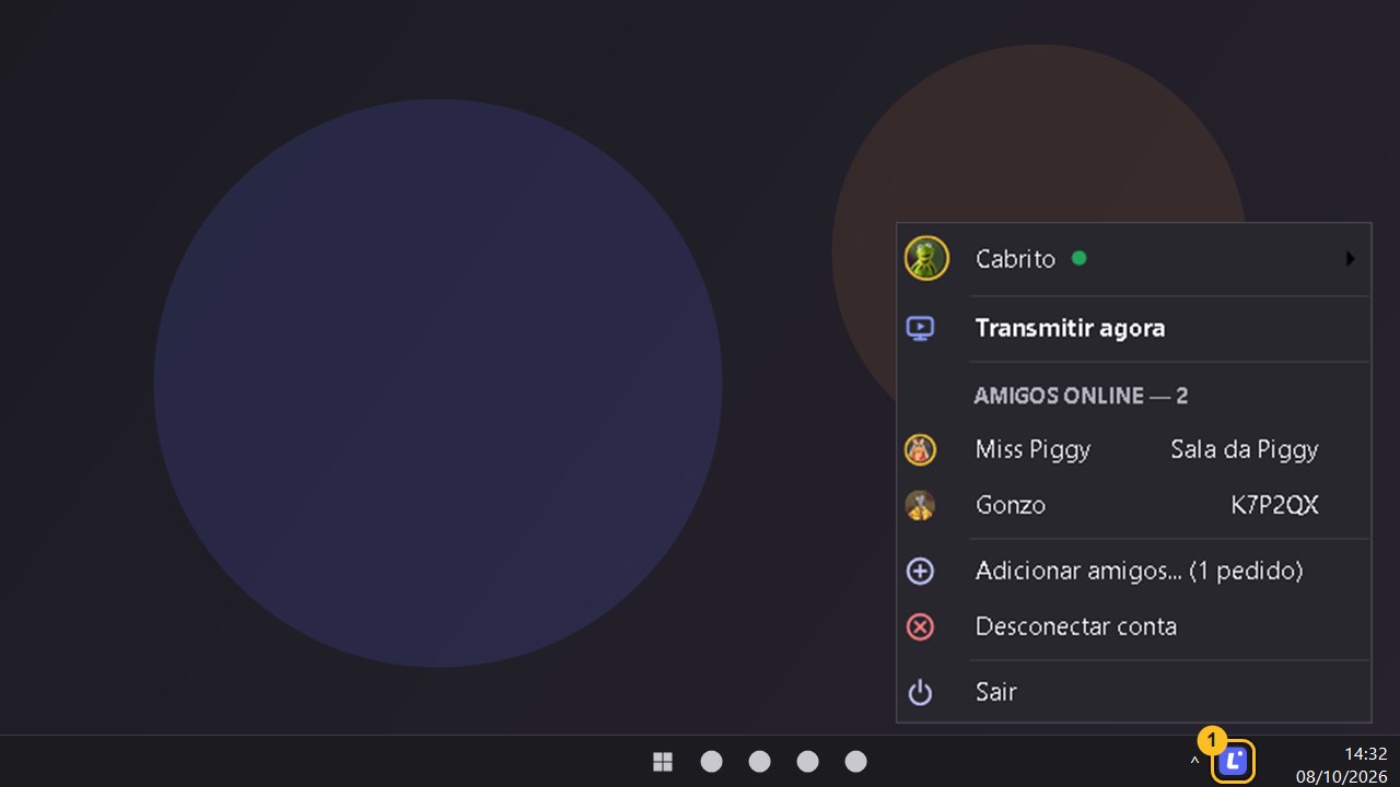 Menu do Cabrito Live Companion com a foto de perfil, Transmitir agora e a lista de amigos online