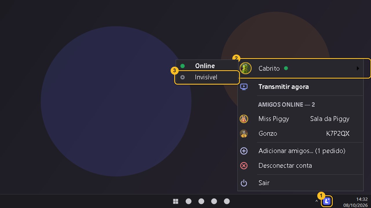 Menu do Companion com o nome, a bolinha de status e as opções Online e Invisível