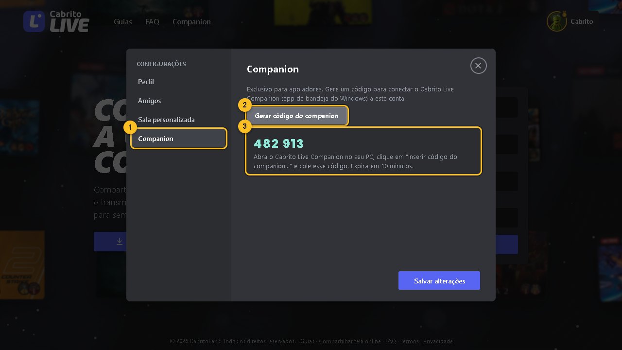 Aba Companion nas configurações da conta com o código gerado