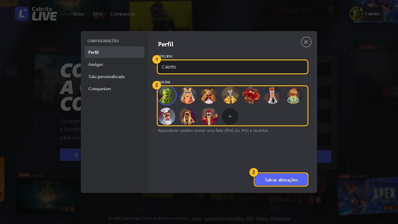 Configurações da conta na aba Perfil