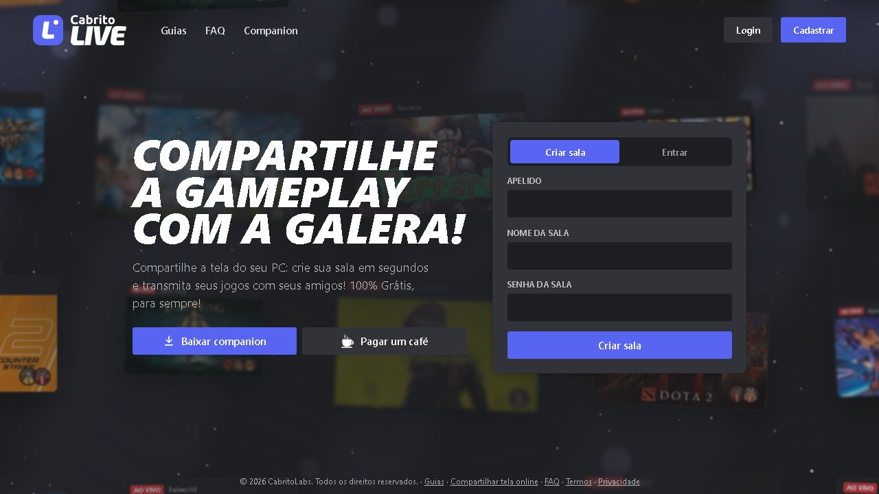 Botões de Login e Cadastrar no topo da tela inicial