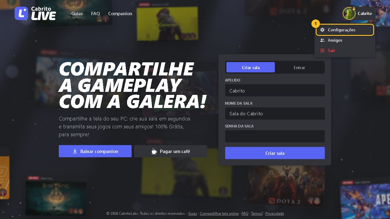 Menu do perfil com a opção Configurações